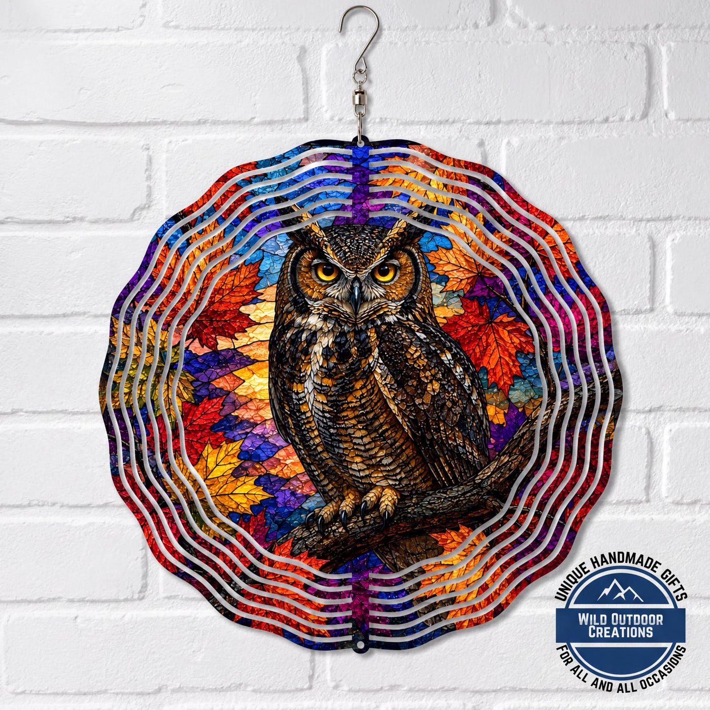 Great Horned Owl Faux Stained Glass Wind Spinner Fall Autumn Leaves Garden