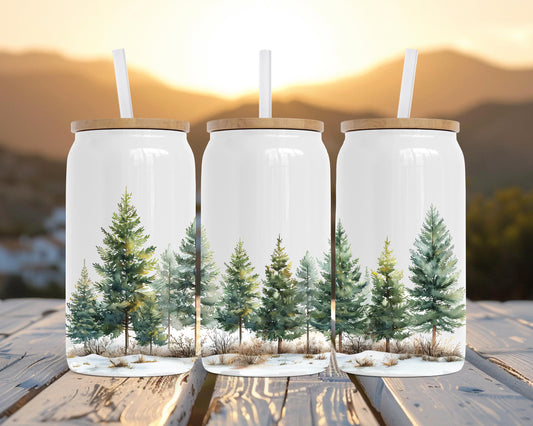 Winter Forest Tumbler, 16oz Soda Can, Pine Tree Watercolor Art, Forest Sipper