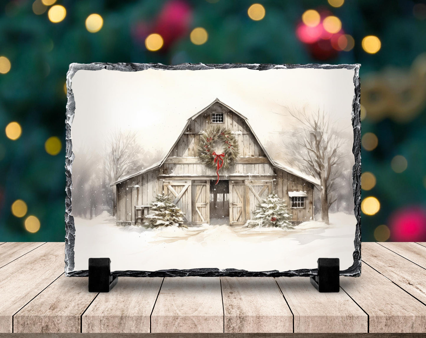 Rustic Christmas Slate Plaque with Barn Scene Wreath  Snow  Perfect Holiday Decor Gift