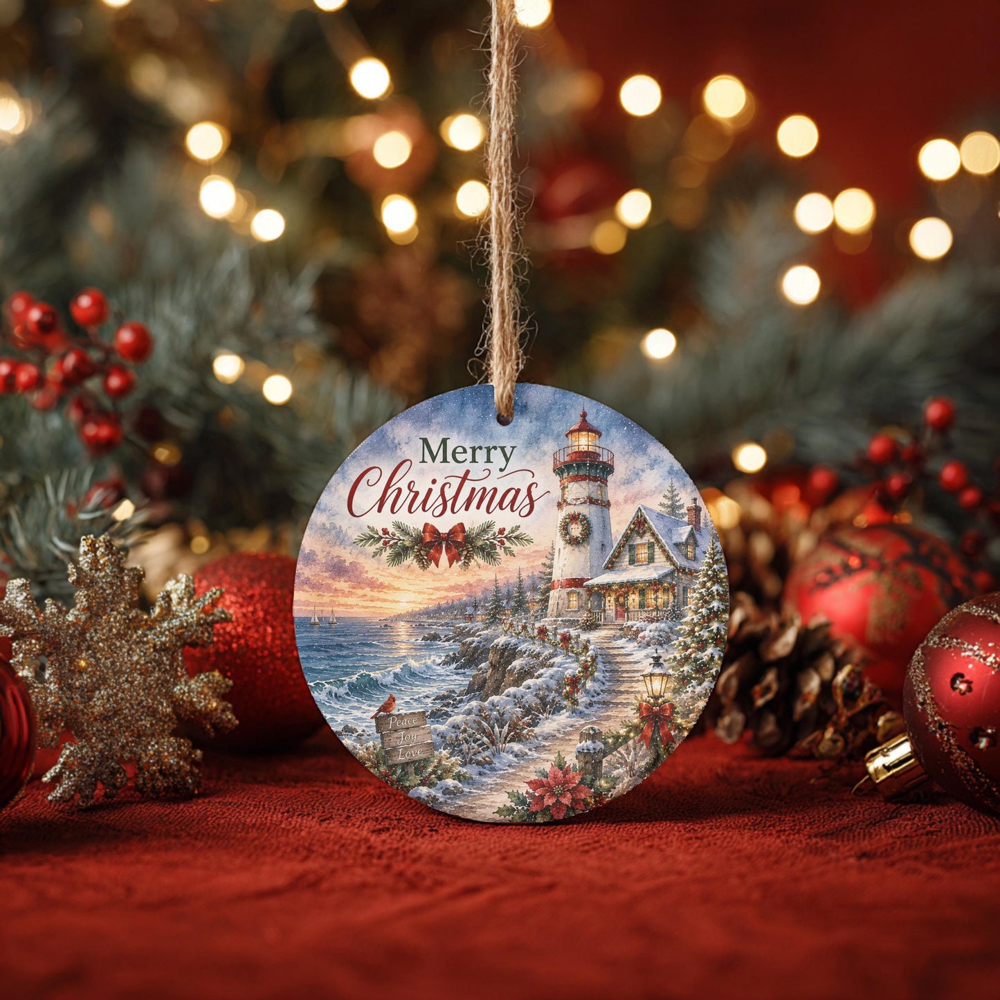 Lighthouse Christmas Ornament, Snowy Coastal Scene | Ceramic 3 Inch