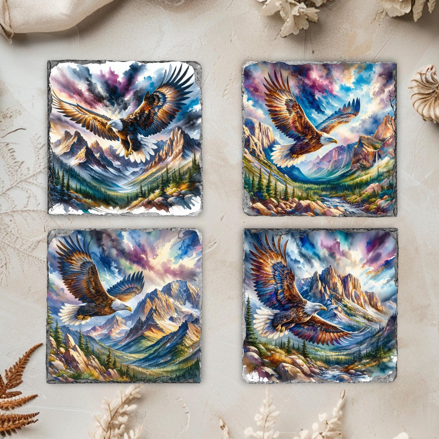 Eagle and Mountain Watercolor Slate Coaster Set with Fractured Edges  Perfect Rustic Gift for Wilderness Enthusiasts