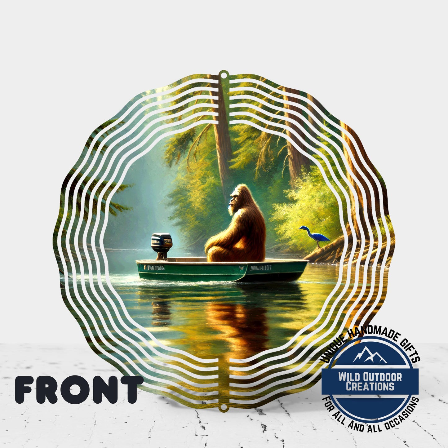 A large, furry orangutan is sitting in a boat on a river, surrounded by a wavy, colorful pattern.