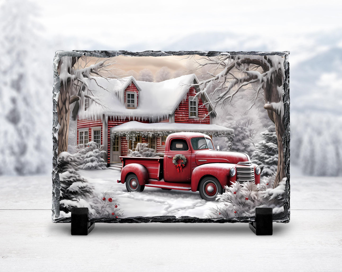 Winter Farm Scene Slate with Red Truck and Wreath - Festive Christmas Decor Gift for Home