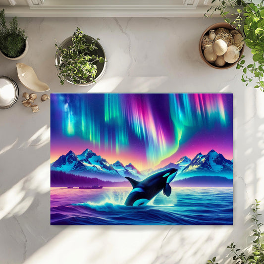 Orca Breach Tempered Glass Cutting Board 11x15 Kitchen Art with Northern Lights and Colorful Ocean Wildlife - Perfect Hostess Gift
