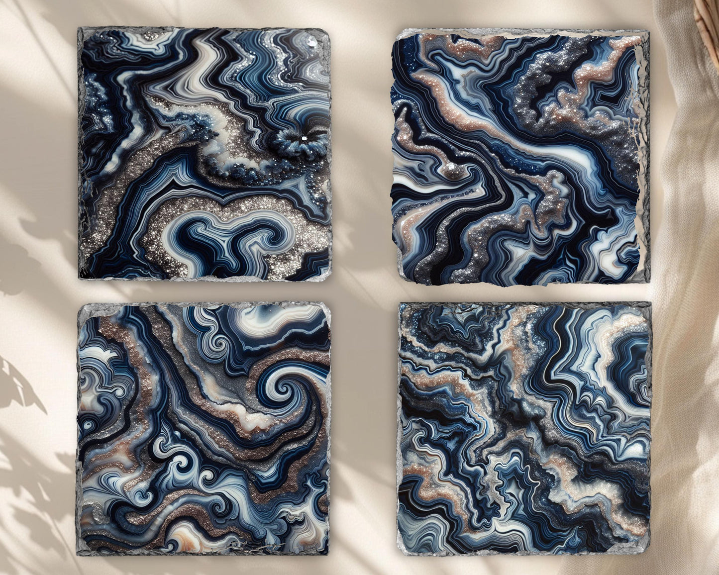 Navy Blue  Silver Agate Pattern Slate Coasters - Set of 4 Ideal Housewarming Gift for Boho Home Decor