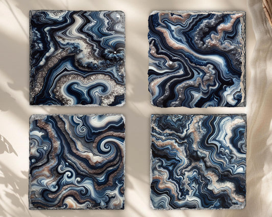 Navy Blue  Silver Agate Pattern Slate Coasters - Set of 4 Ideal Housewarming Gift for Boho Home Decor