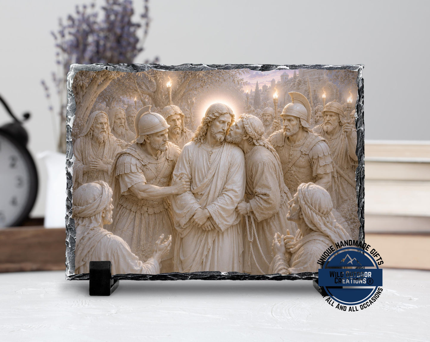 Betrayal of Jesus Slate Plaque, Judas Kiss Religious Wall Decor, Christian Easter Gift