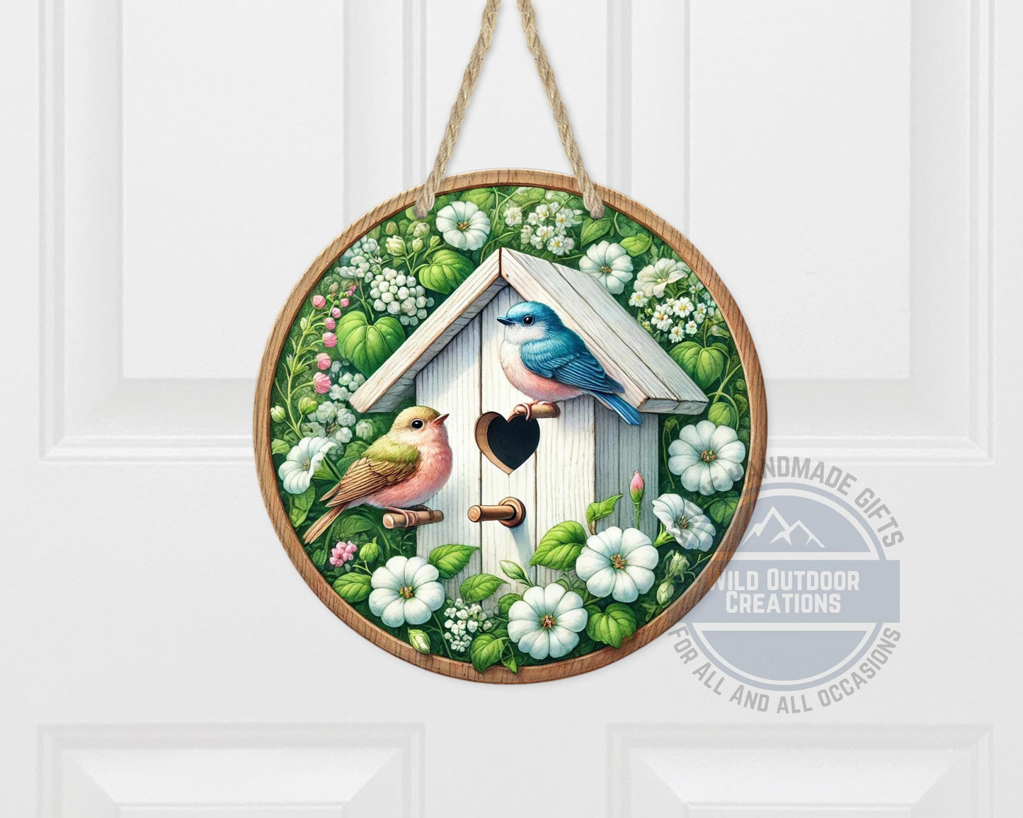 Birdhouse Door Hanger – Spring Door Decor with Songbird Porch Welcome Sign