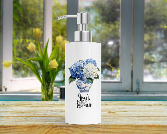 Personalized Hydrangea Soap Dispenser - Custom Chinoiserie Lotion Pump for Kitchen Decor Blue Preppy Gift