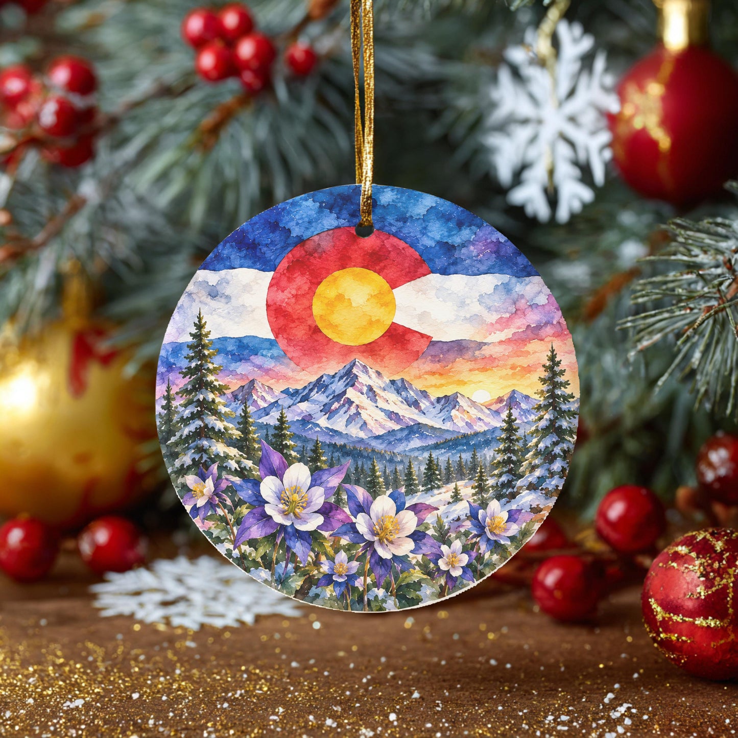 A round ornament featuring a colorful mountain landscape with a sun in the sky, surrounded by pine trees and flowers, hanging on a Christmas tree.