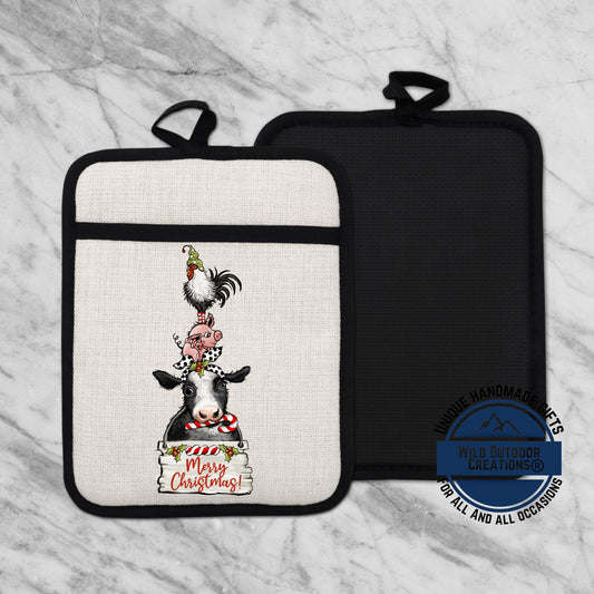 Farm Animal Pot Holder Linen Hot Pad Cow Pig Rooster Christmas Kitchen Gift