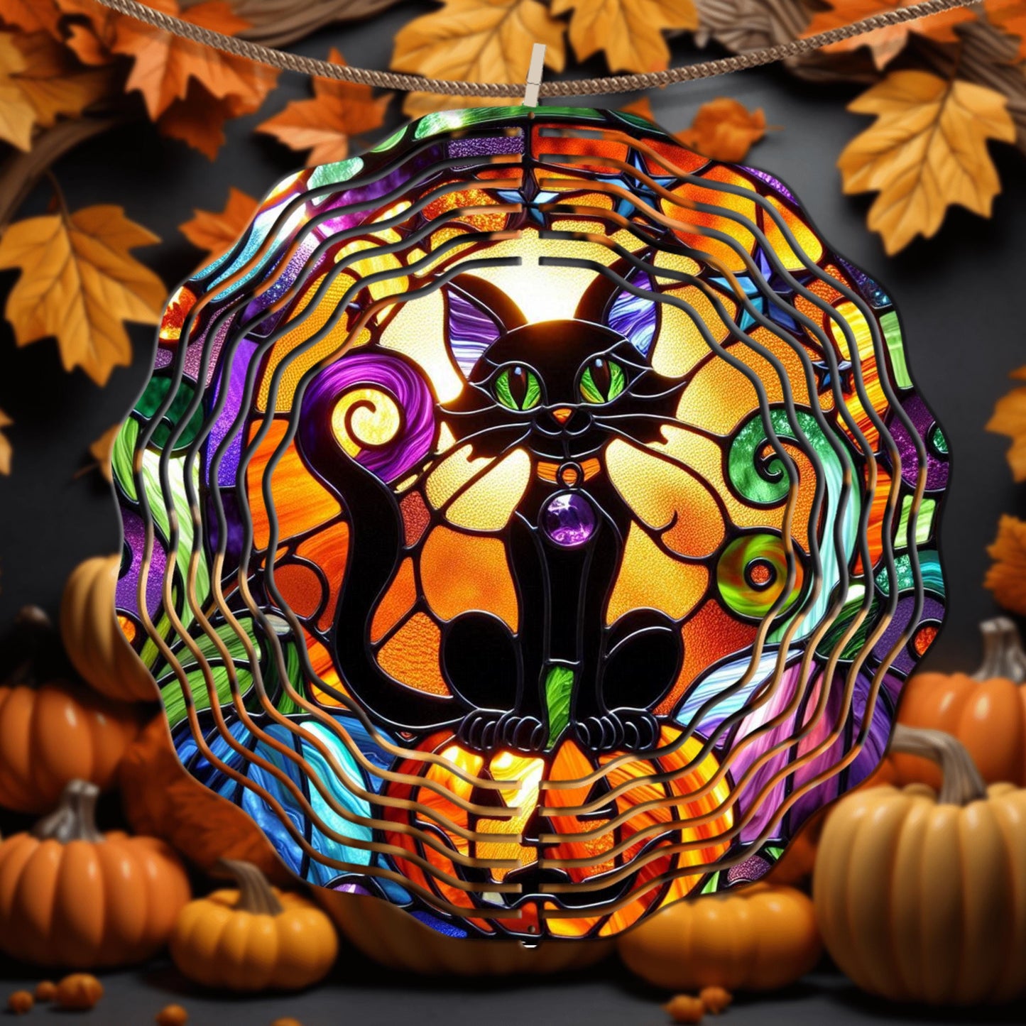Black Cat Wind Spinner - Halloween Decor in Faux Stained Glass UV-Protected Aluminum