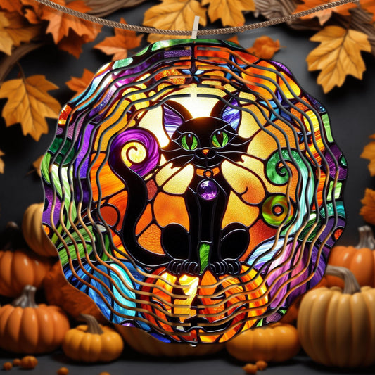 Black Cat Wind Spinner - Halloween Decor in Faux Stained Glass UV-Protected Aluminum