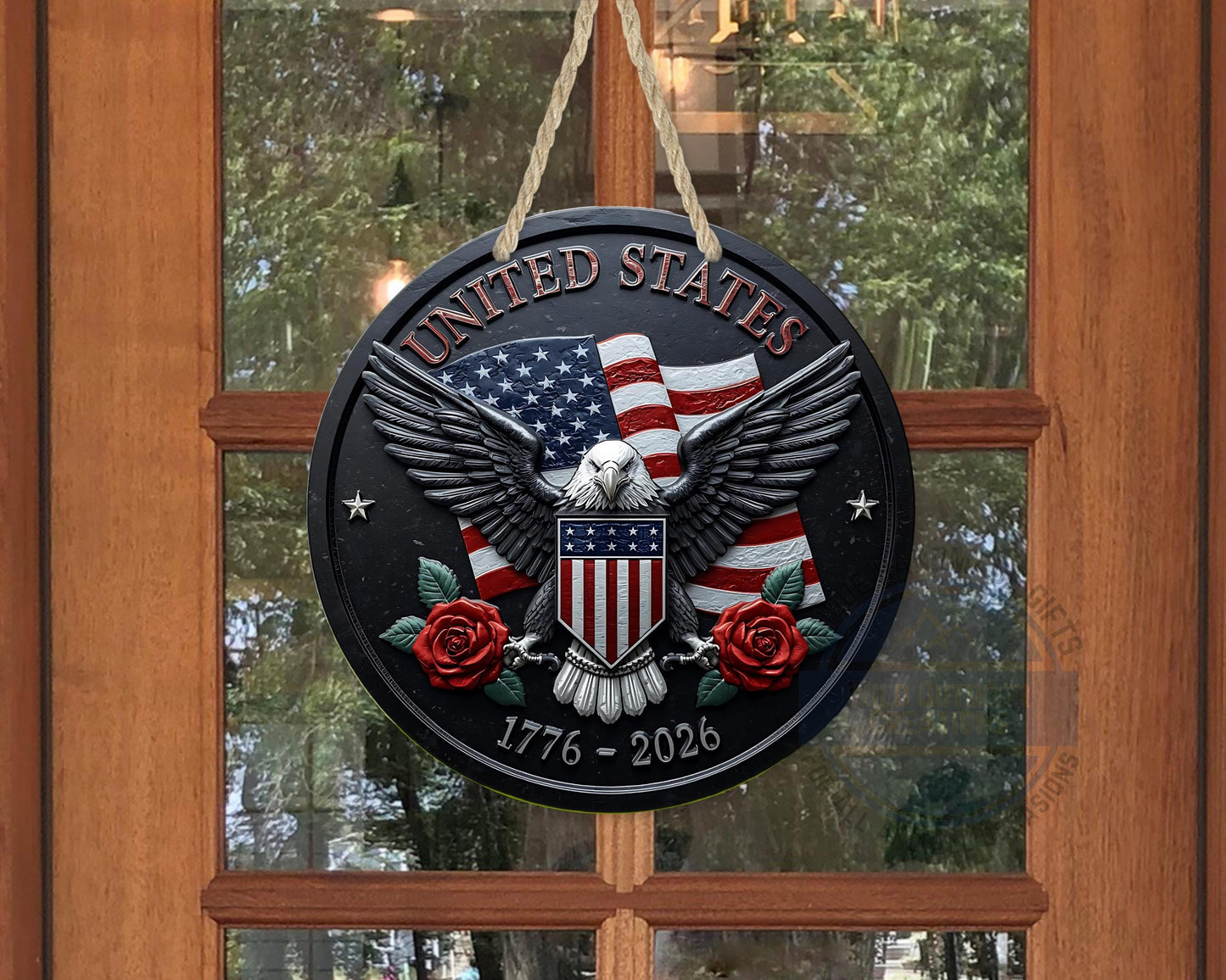 American Eagle Door Hanger - Round Aluminum Patriotic Door Sign, Veteran Gift Idea