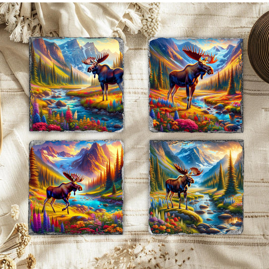 Slate Coaster Set with Moose  Mountain Views - Fractured Edges Ideal Nature Lover Gift
