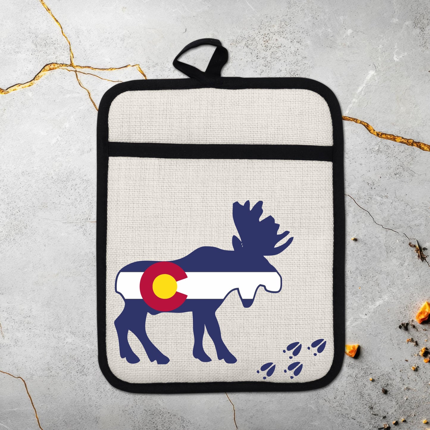 Colorado Moose Pot Holder - Heat Resistant Trivet with Silicone Back & Linen Fabric Front