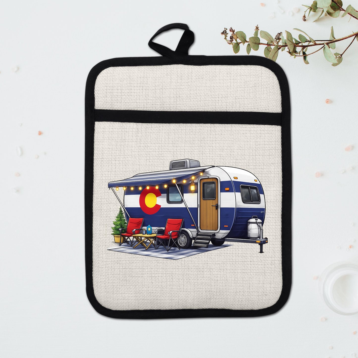 Colorado Camper Pot Holder - Linen Fabric, Silicone Heat Trivet With Loop