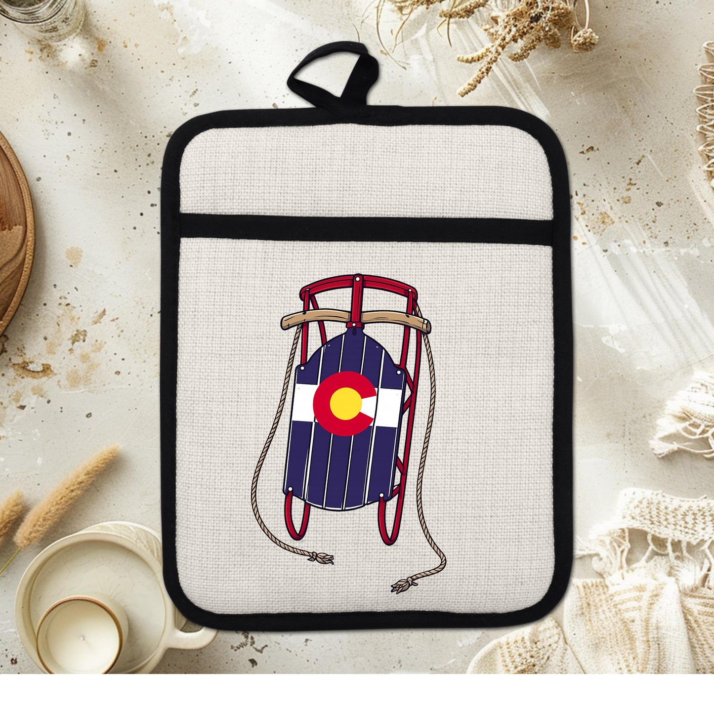 Colorado Sled Pot Holder - Linen Pot Holder with Silicone Back Trivet, Heat Resistant Oven Mitt
