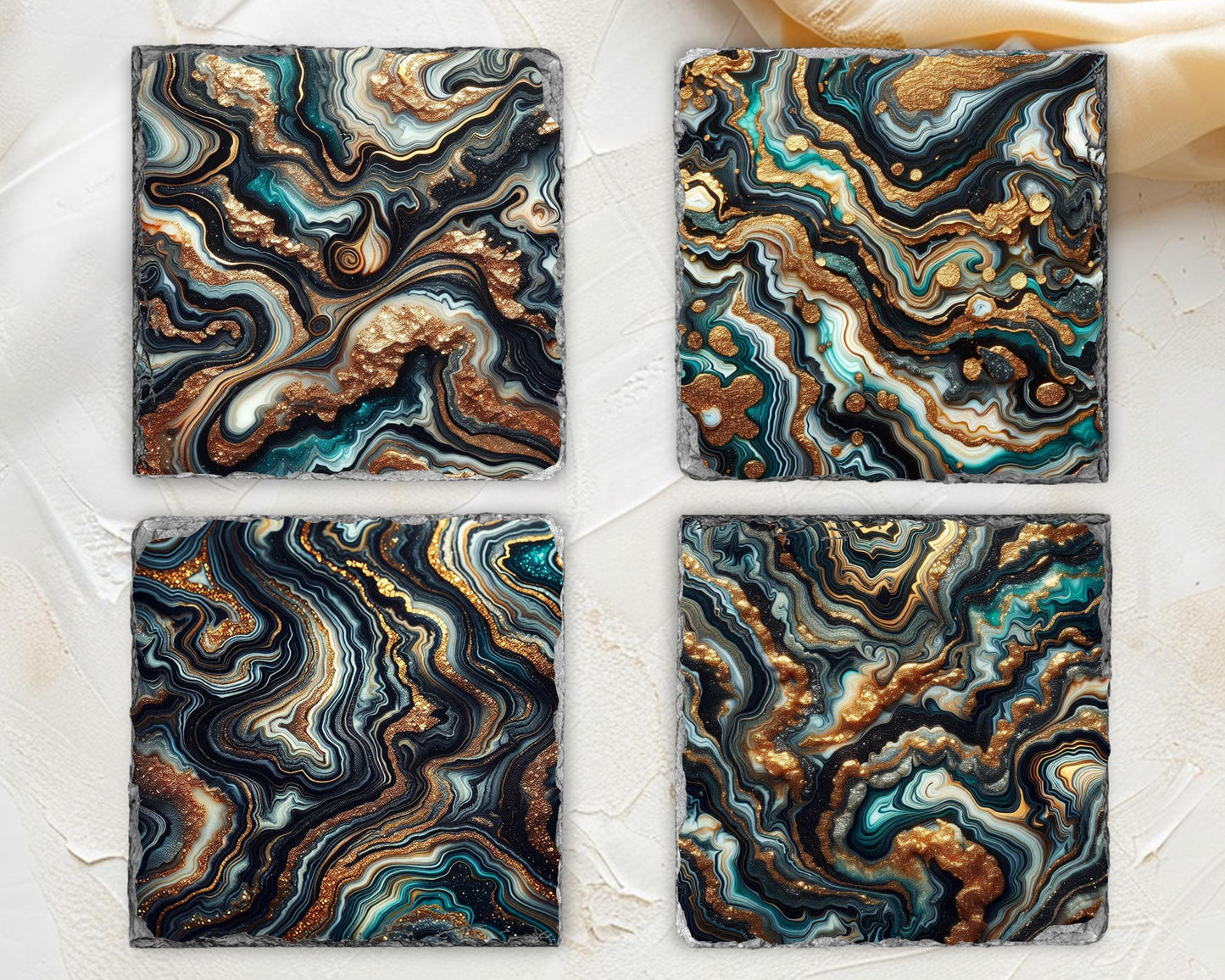 Black and Gold Agate Coaster Set with Faux Glitter - Elegant Hostess Gift and Holiday Present