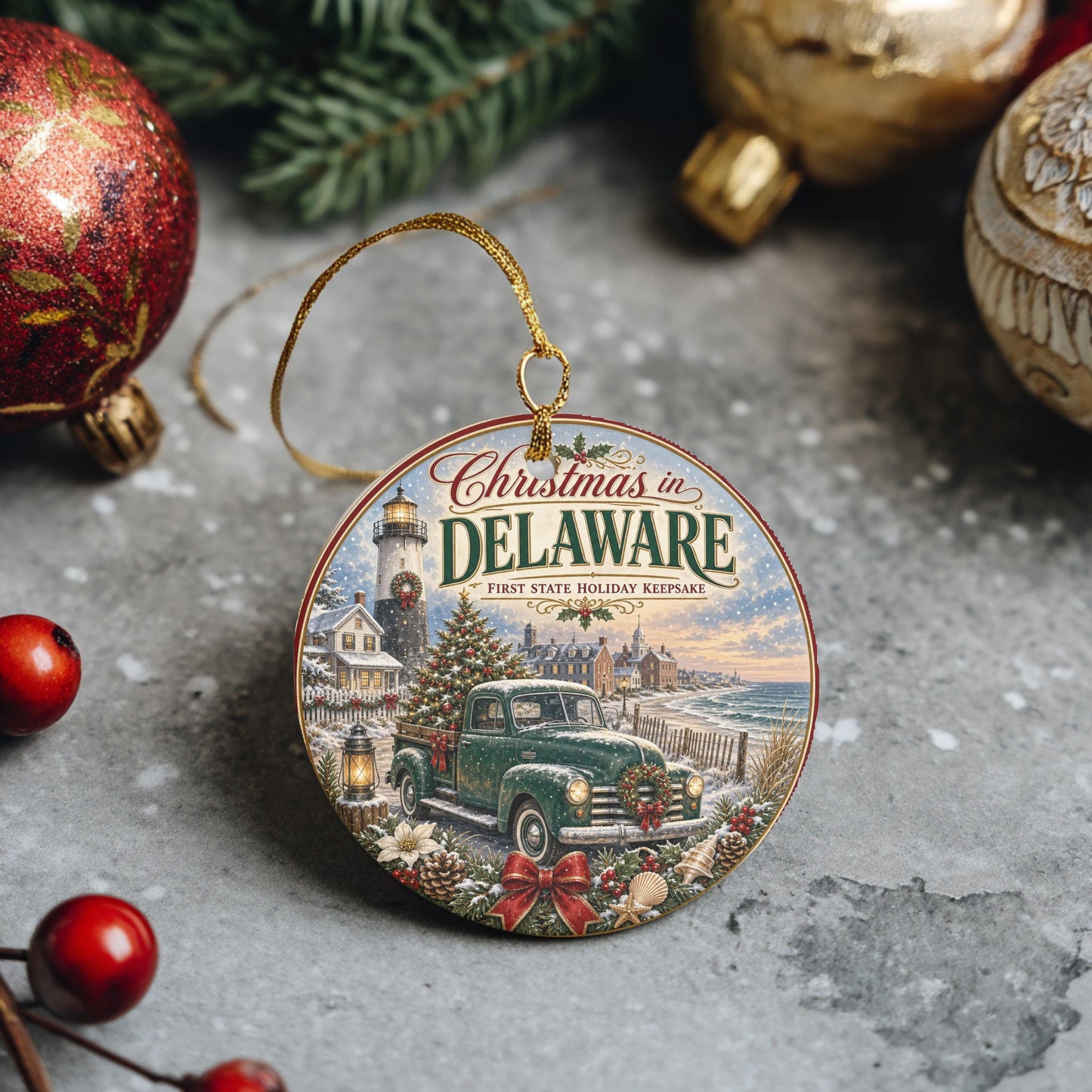 Delaware Christmas Ornament, Coastal Lighthouse Vintage Truck Art
