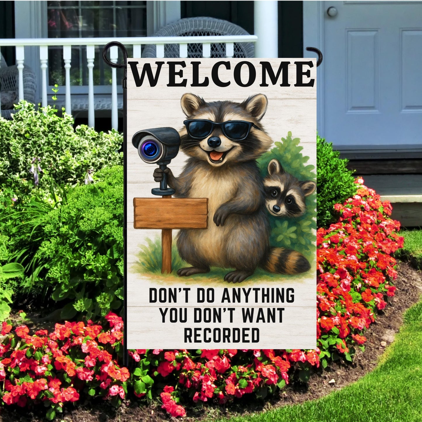 Funny Raccoon Garden Flag – Security Camera Porch Decor | Welcome Yard Banner
