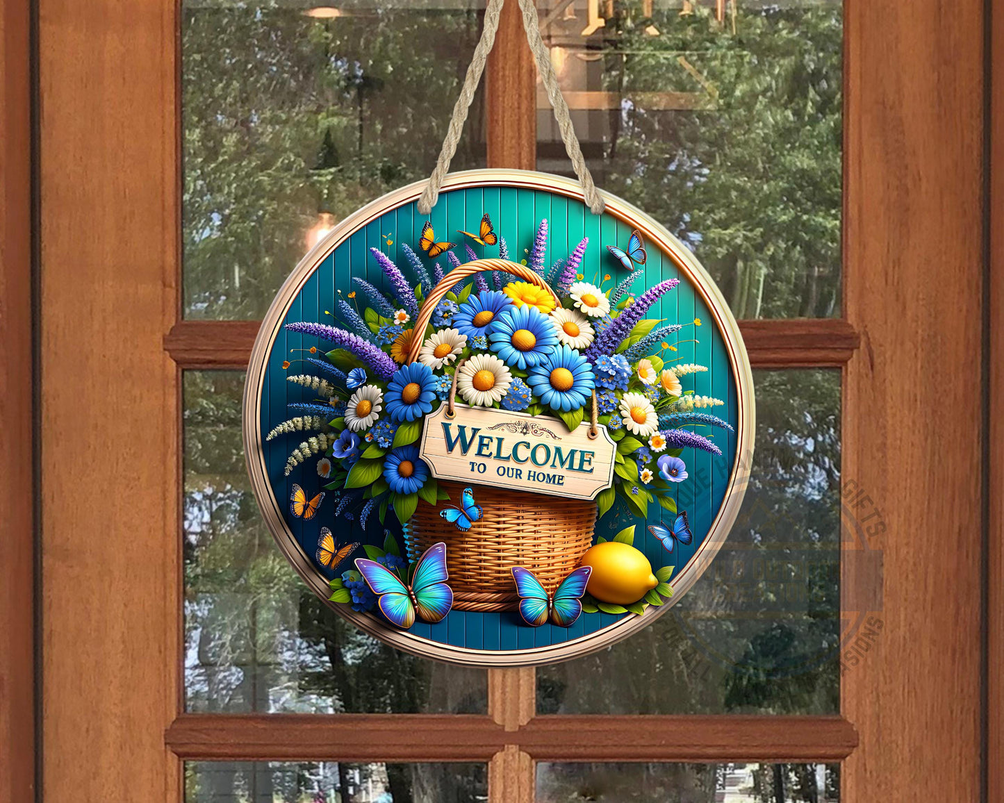 Welcome Door Sign – Blue Daisy Floral Basket | Outdoor Aluminum Porch Decor