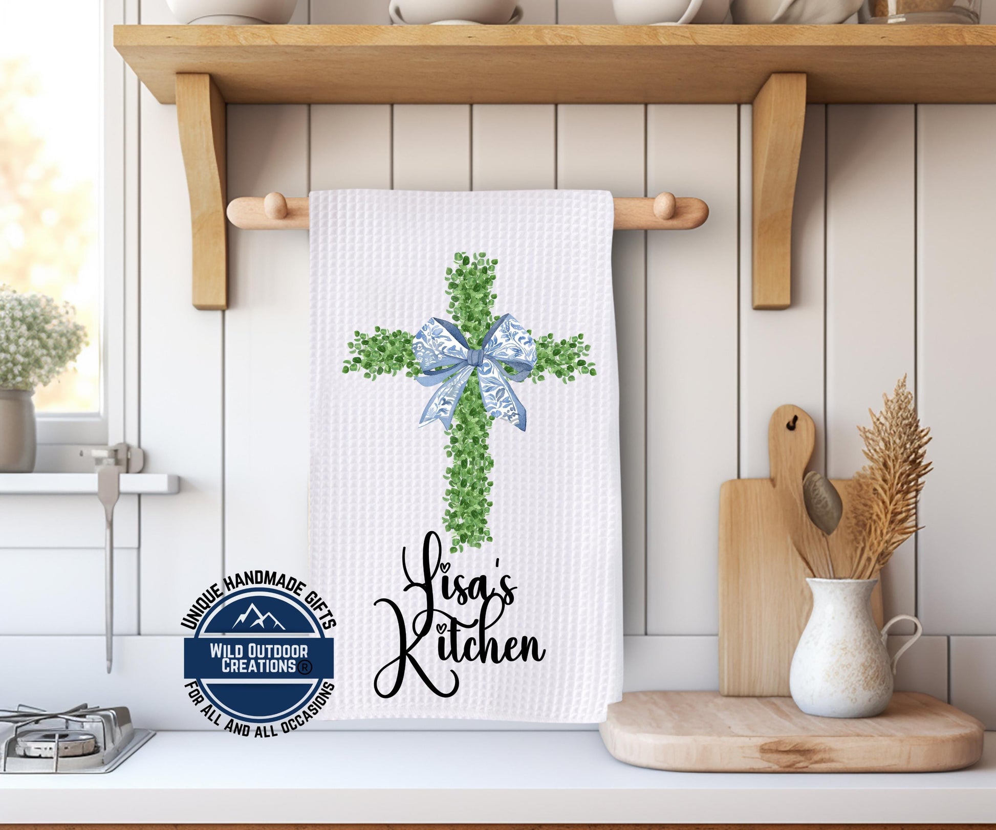 Personalized Kitchen Towel - Custom Name Cross Waffle Weave Easter Gift