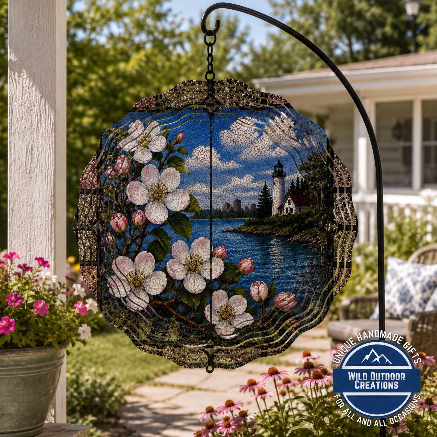 Michigan State Flower Apple Blossom Wind Spinner Stained Glass Look Lighthouse Decor 10 Inch