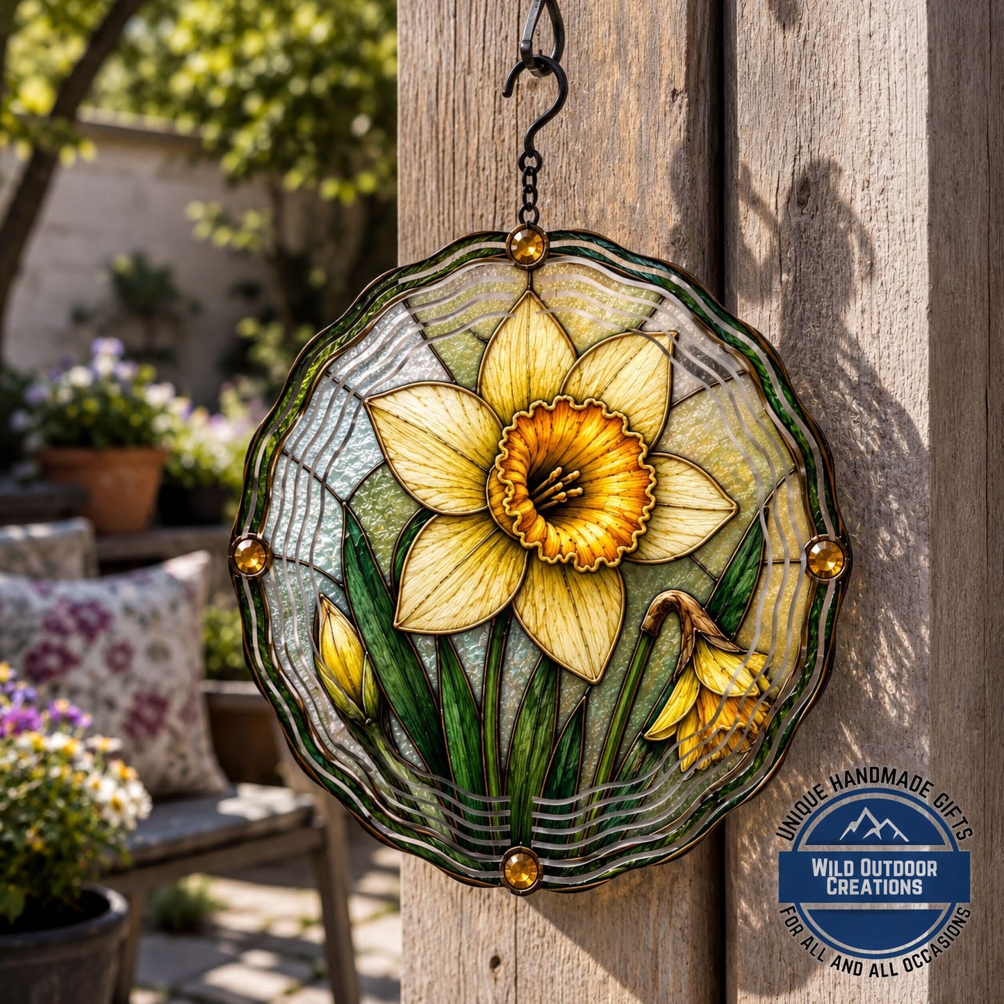 March Birth Flower Daffodil Wind Spinner 10 Inch Faux Stained Glass Metal Garden Decor