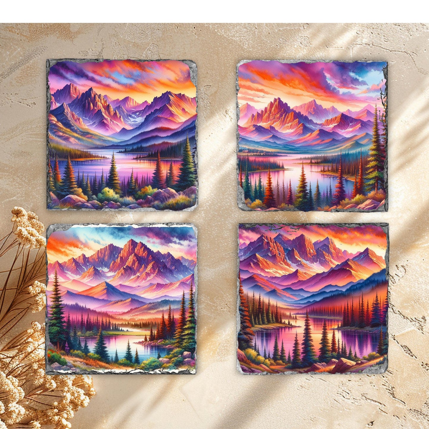 Slate Coaster Set with Vibrant Sunset Mountain Lake Images  Fractured Edges Perfect Gift for Nature Lovers