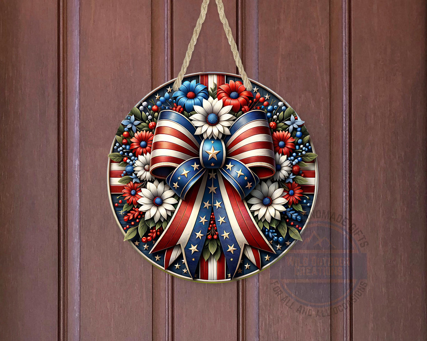 Patriotic Door Hanger – Aluminum Door Sign with American Flag Bow & Floral Design