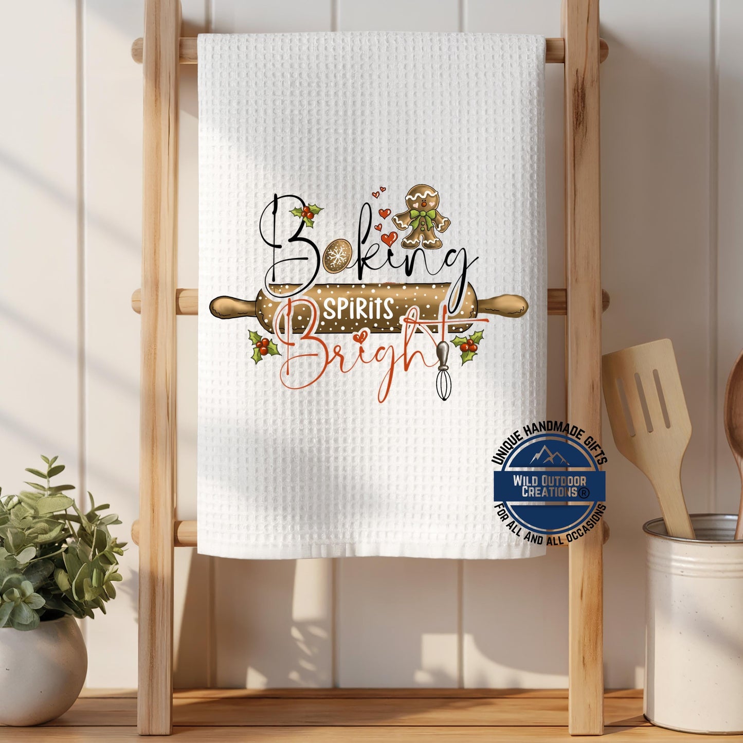 Baking Spirits Bright Christmas Kitchen Towel Gingerbread Waffle Weave Holiday Baker Decor Gift