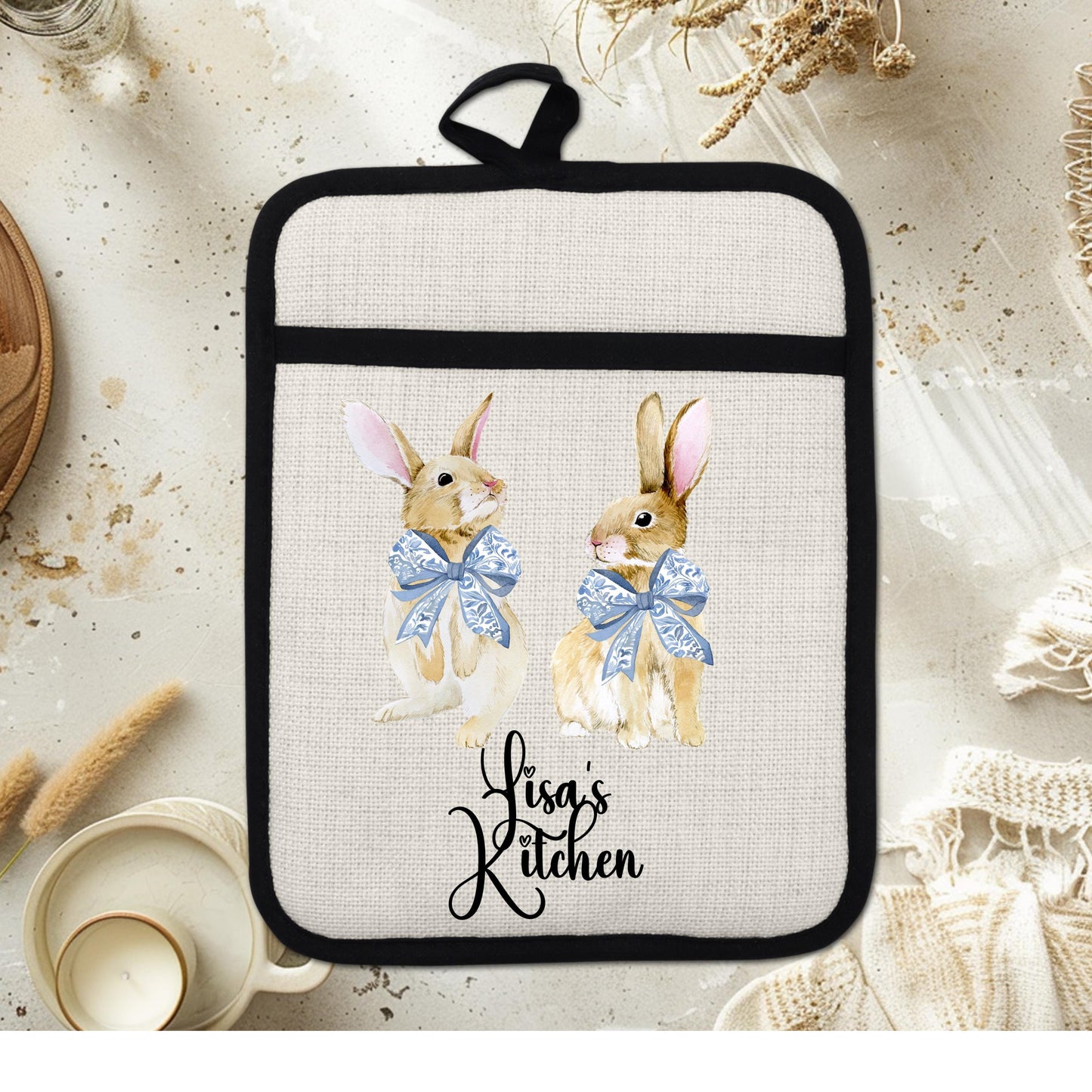 Personalized Easter Pot Holder - Custom Bunny Kitchen Gift with Chinoiserie Blue Design - scale and size reference