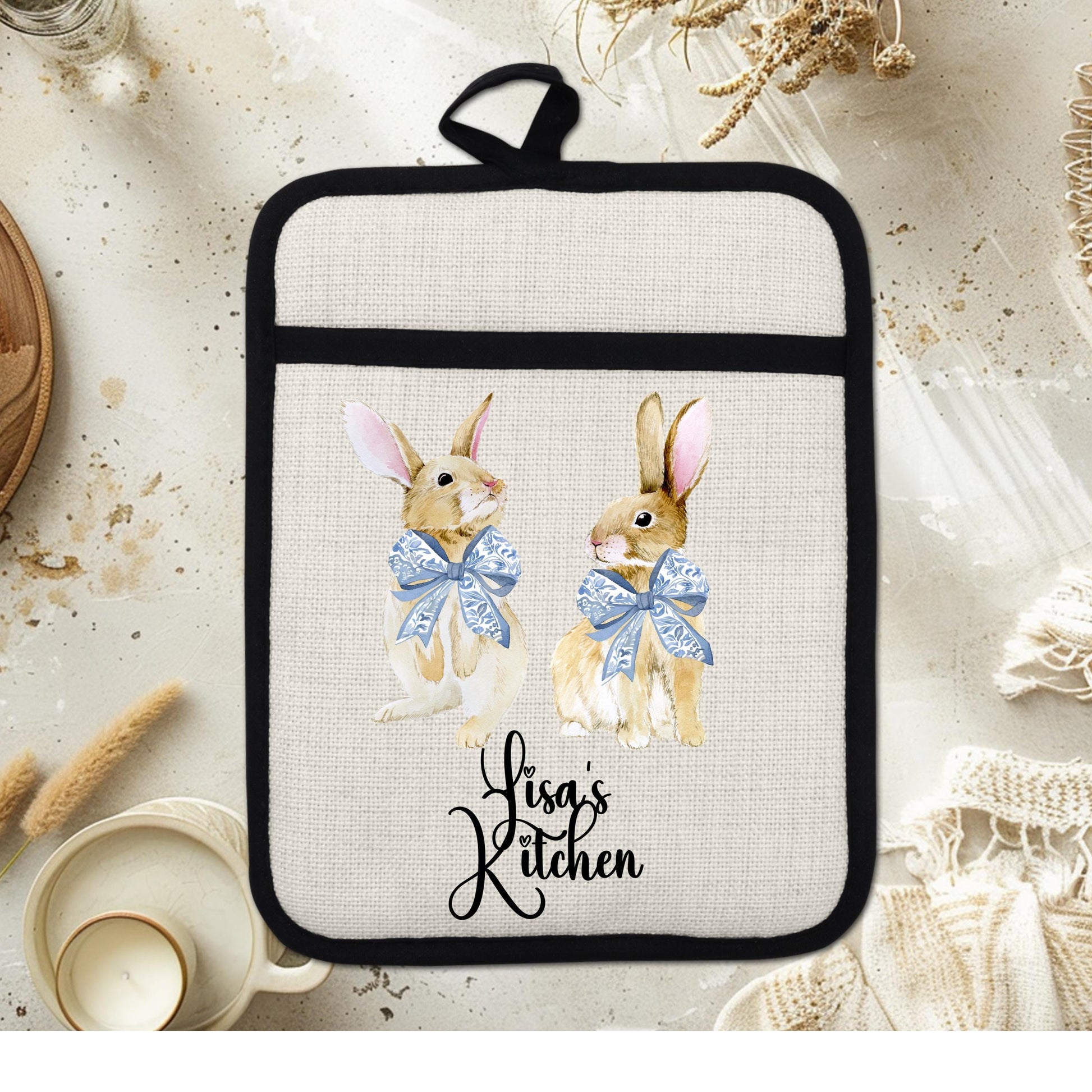 Personalized Easter Pot Holder - Custom Bunny Kitchen Gift with Chinoiserie Blue Design - scale and size reference