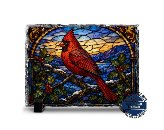 Red Cardinal Faux Stained Glass Slate Plaque, Memorial Bird Decor, Christmas Sympathy Gift