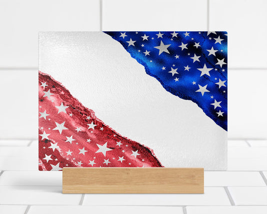 Patriotic Agate Tempered Glass Cutting Board, Red White Blue Kitchen Deco