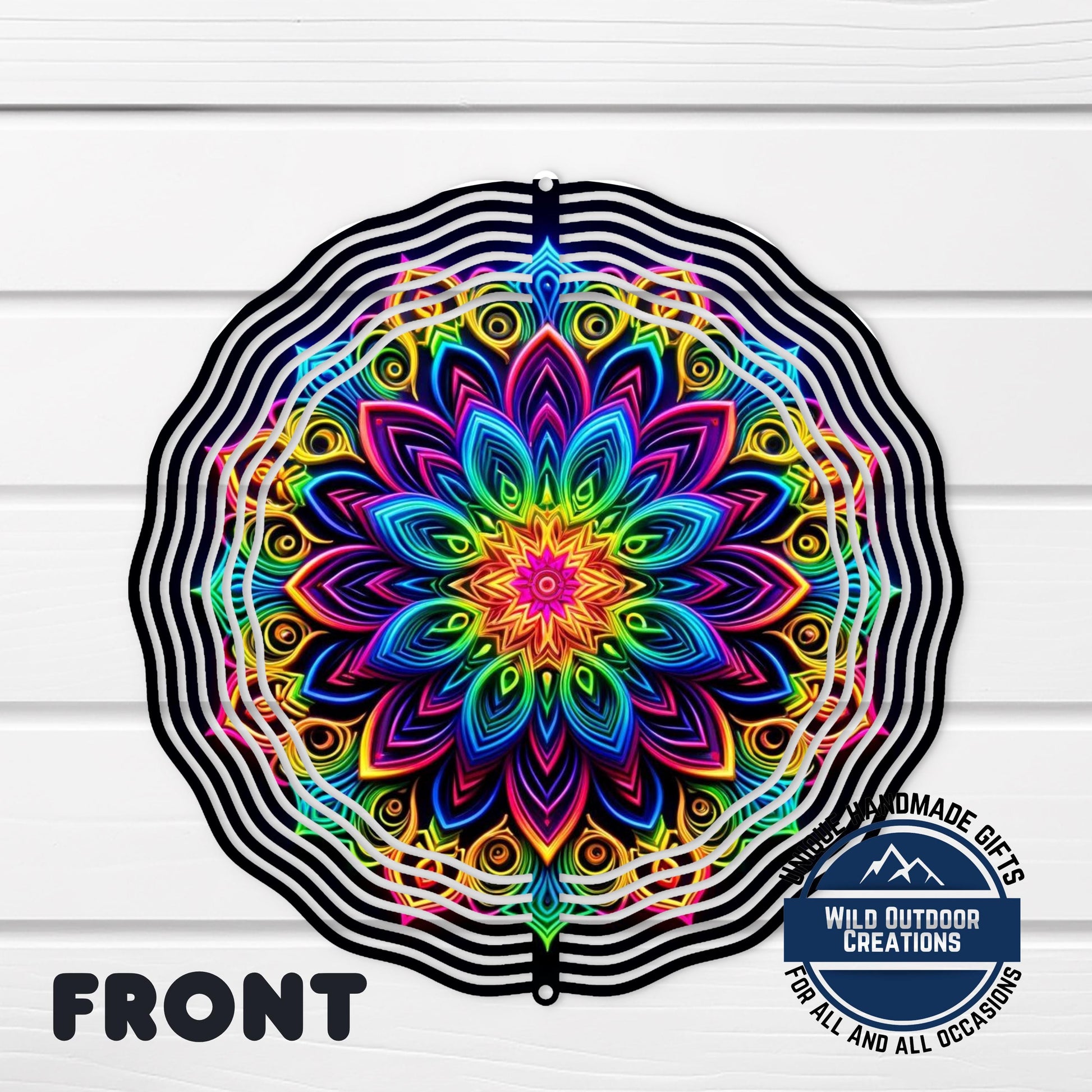 Neon Rainbow Wind Spinner – 10 Inch Mandala Double-Sided Aluminum Yard Art - scale and size reference