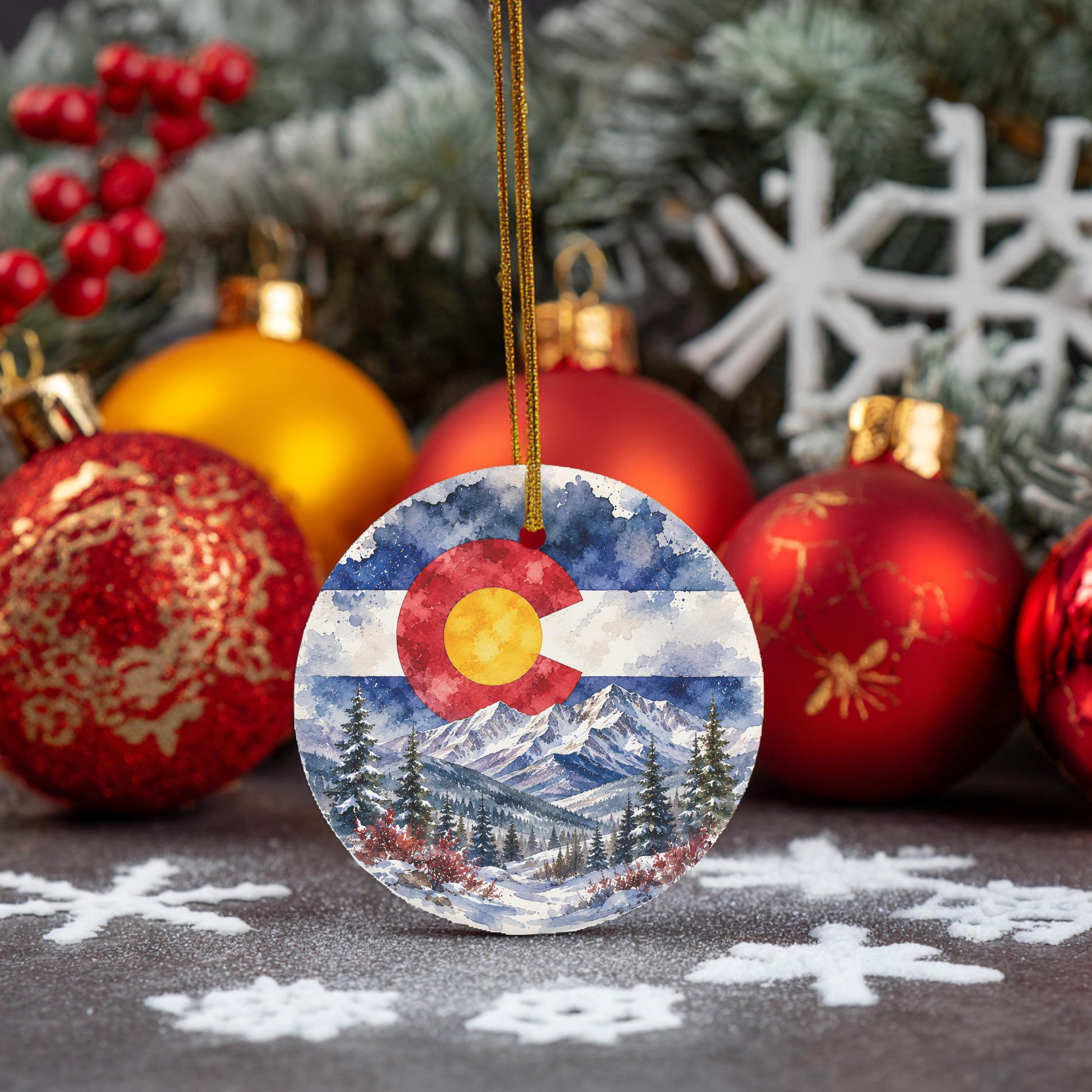 a round ornament with a watercolor painting of a mountain landscape and the Colorado flag, surrounded by various Christmas ornaments and snowflakes.