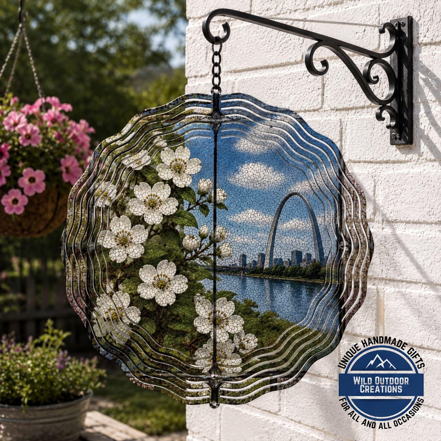 Missouri State Flower Hawthorn Blossom Wind Spinner Stained Glass Gateway Arch Decor 10 Inch