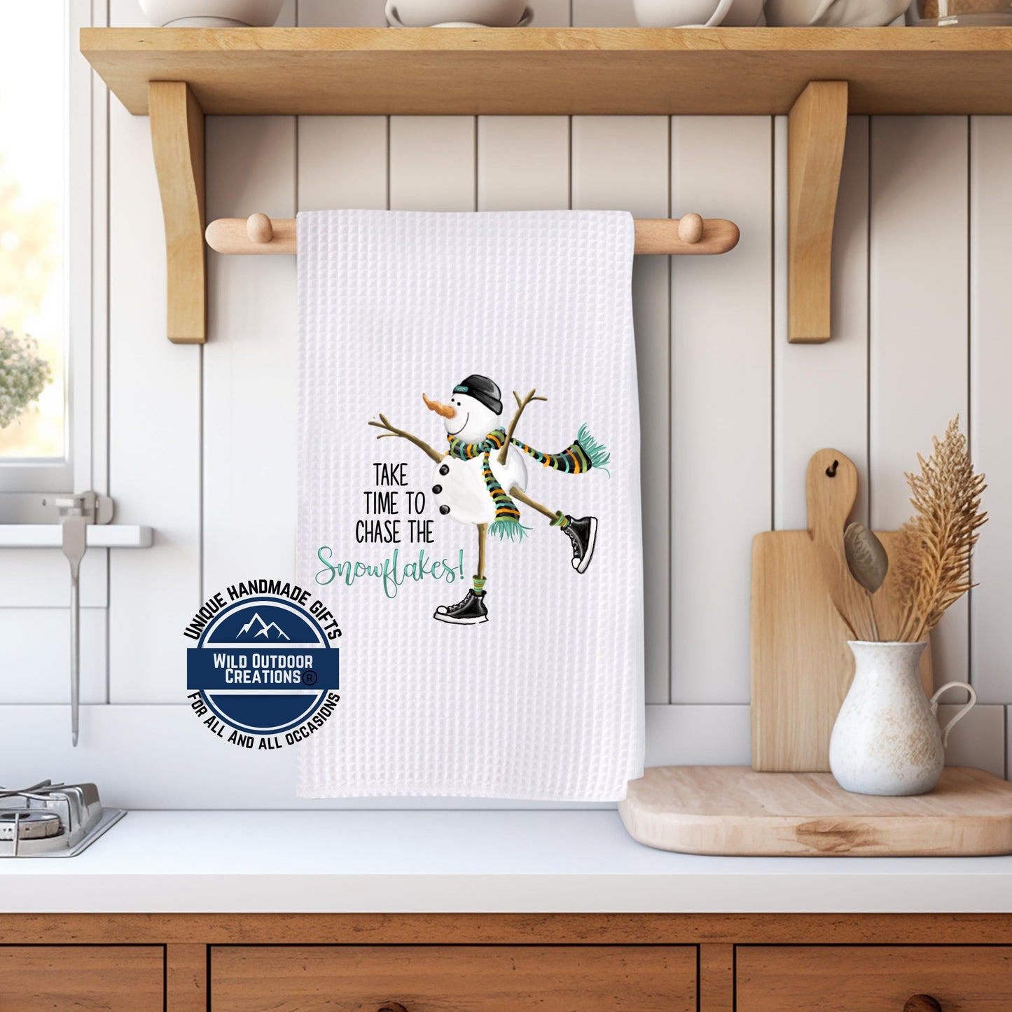 Ice Skating Snowman Kitchen Towel Chase The Snowflakes Winter Waffle Weave Holiday Decor