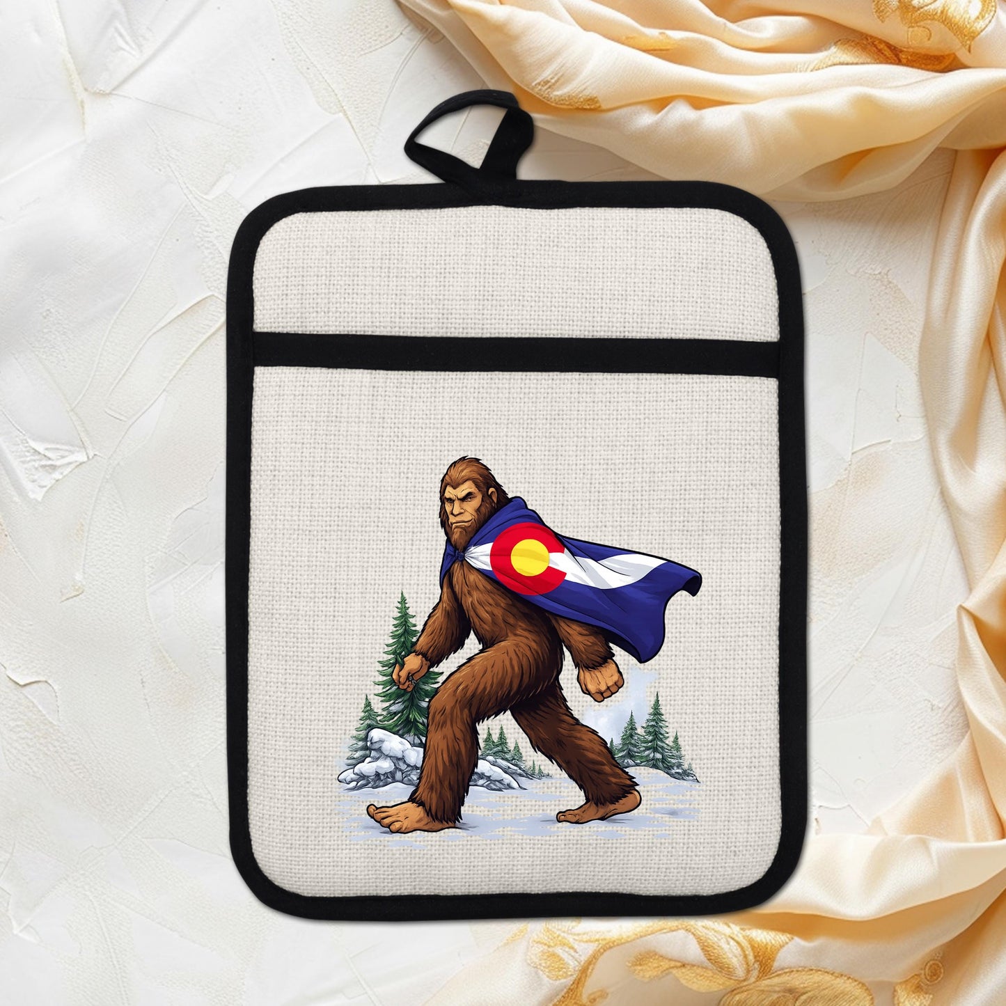 Sasquatch Pot Holder | Colorado Kitchen Decor - Bigfoot Oven Mitt & Heat Resistant Trivet - product dimensions and specifi...