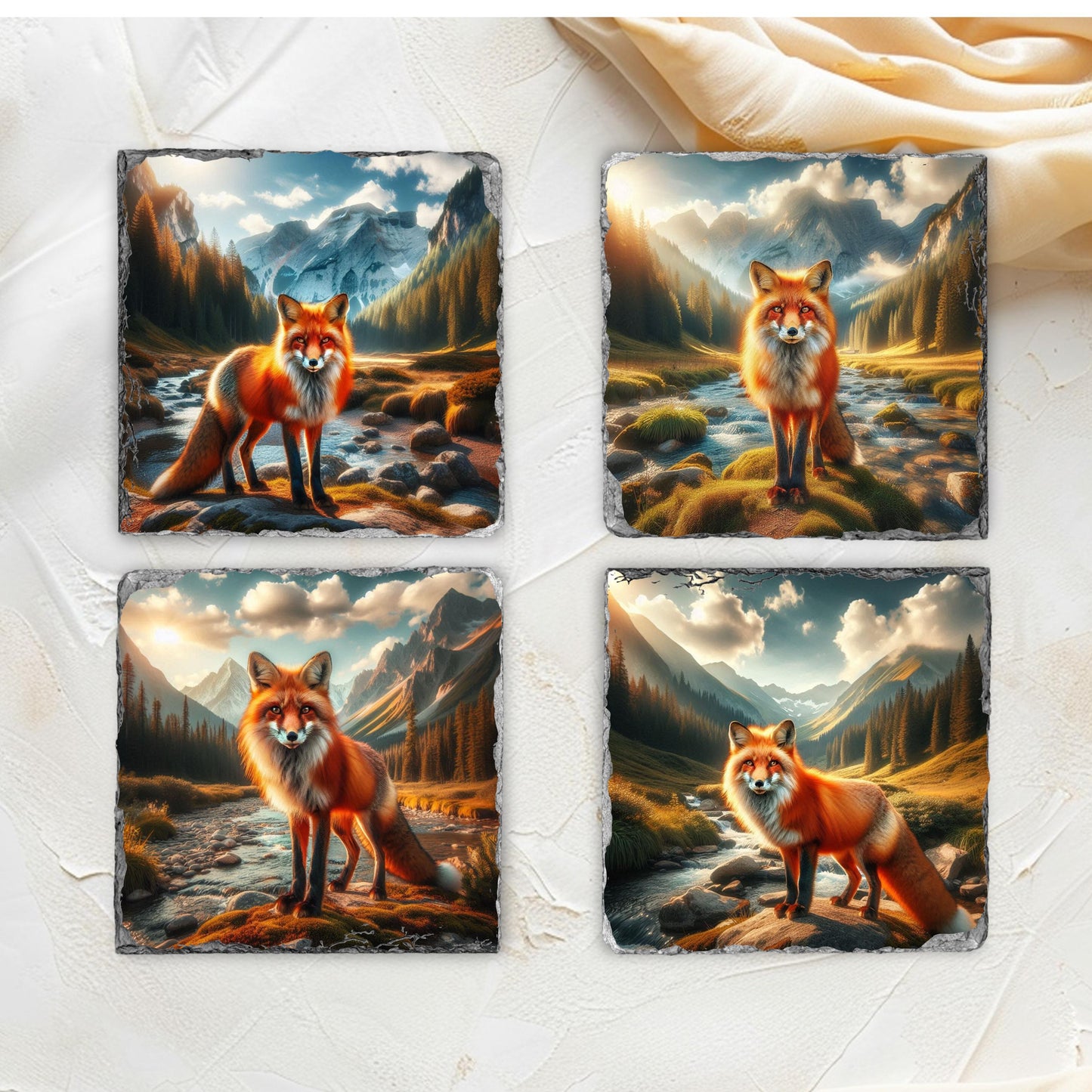 Handcrafted Natural Slate Coaster Set with Fox Mountain Scene  Black Rack - Perfect Gift for Wildlife Lovers