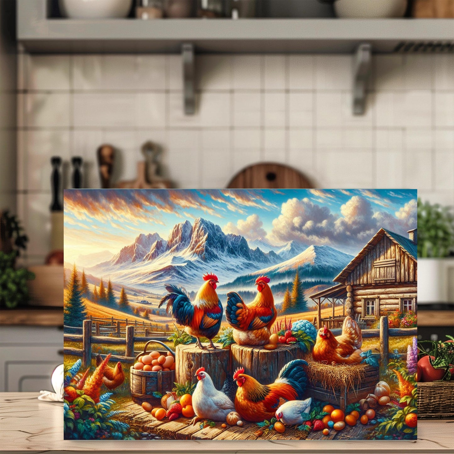 Mountain Farm Chicken Cutting Board - Rustic Glass Art Kitchen Decor Perfect Gift for Chicken Lovers