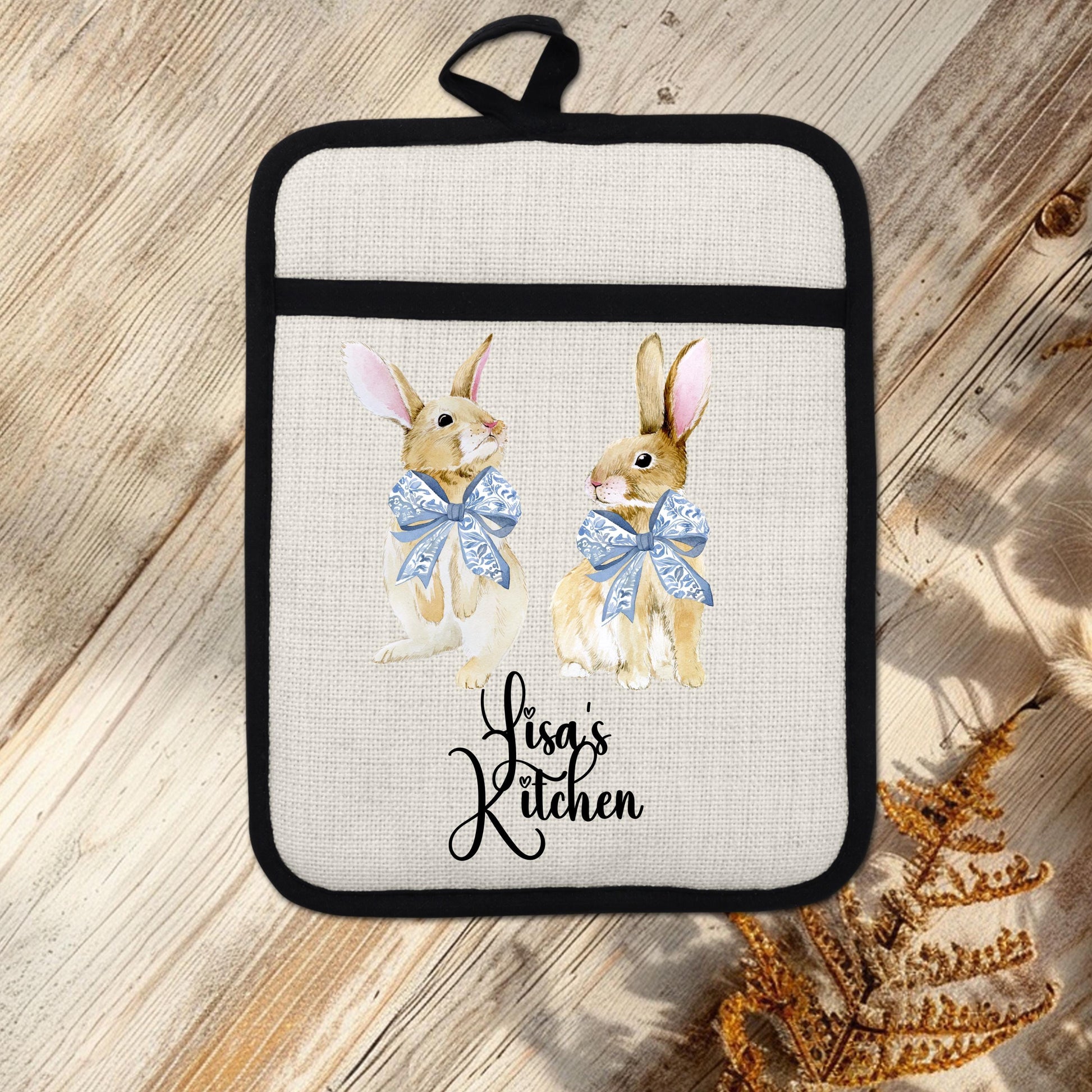 Personalized Easter Pot Holder - Custom Bunny Kitchen Gift with Chinoiserie Blue Design - alternate view