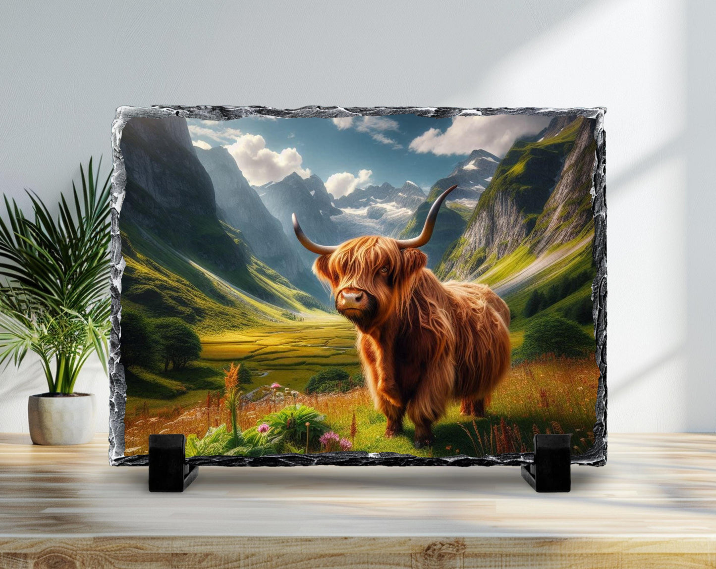 Highland Cow Slate Plaque – Durable Natural Stone Decor with Mountain View