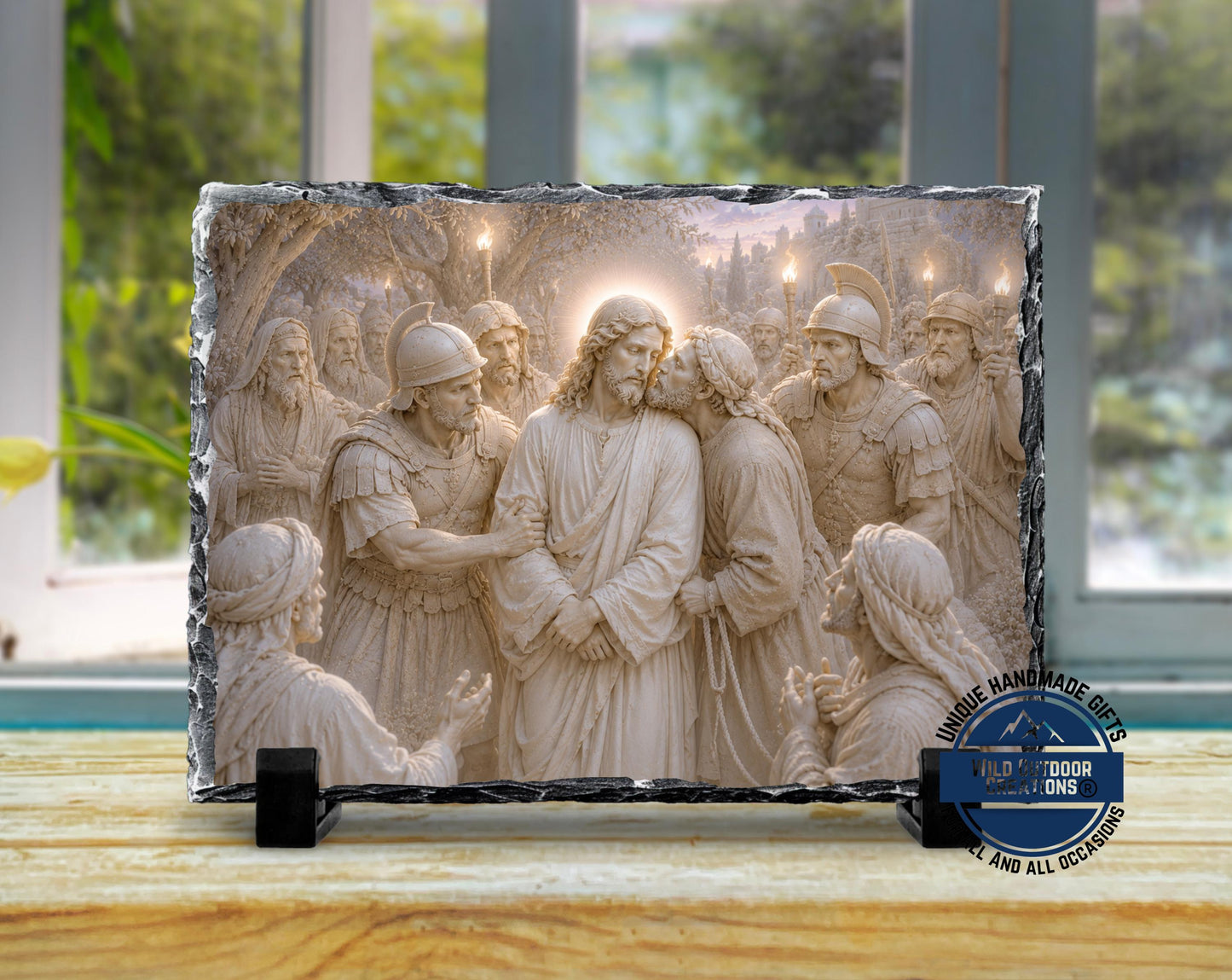 Betrayal of Jesus Slate Plaque, Judas Kiss Religious Wall Decor, Christian Easter Gift