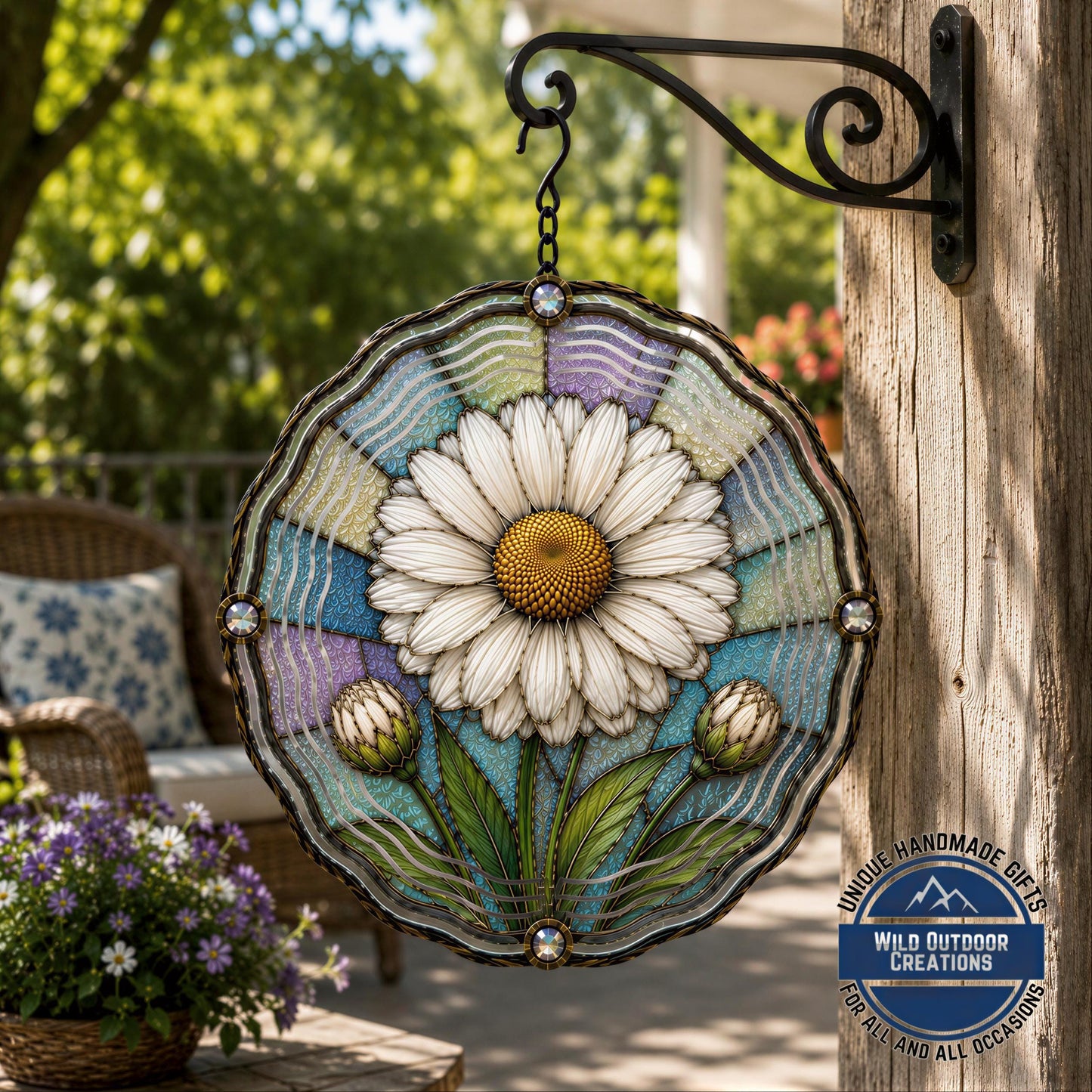 April Birth Flower Daisy Wind Spinner 10 Inch Faux Stained Glass Metal Garden Decor