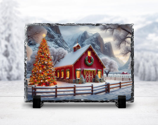 Rustic Slate Plaque with Christmas Barn Scene Tree  Wreath  Perfect Holiday Gift