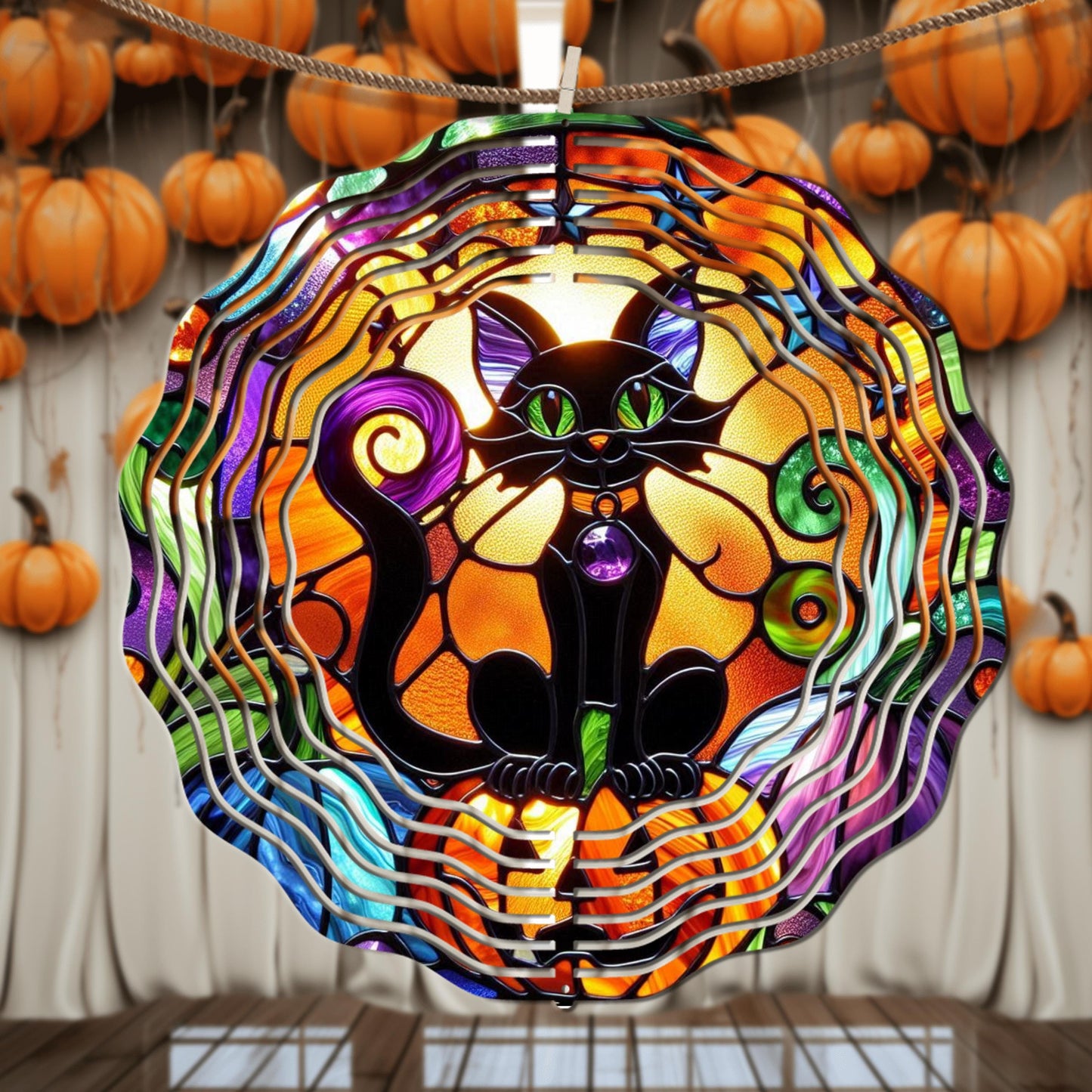 Black Cat Wind Spinner - Halloween Decor in Faux Stained Glass UV-Protected Aluminum