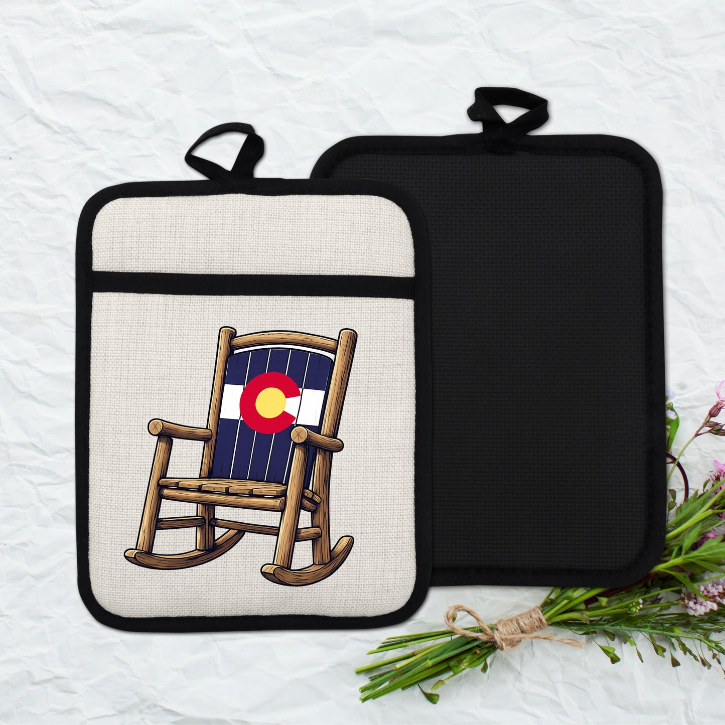 Linen Oven Mitt - Colorado Rocking Chair Pot Holder with Trivet & Heat Resistant Design